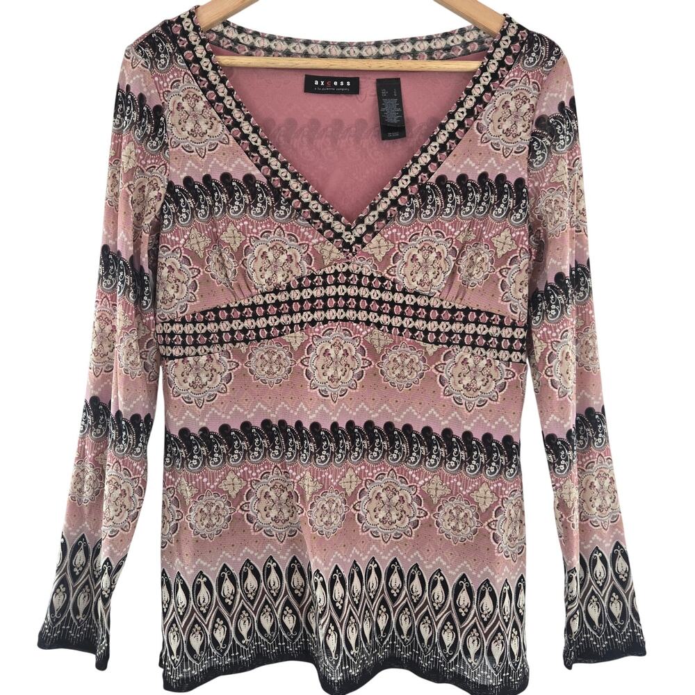 Axcess Womens Vintage Y2K Boho Indie Babydoll Paisley Semi-Sheer Mesh Top L